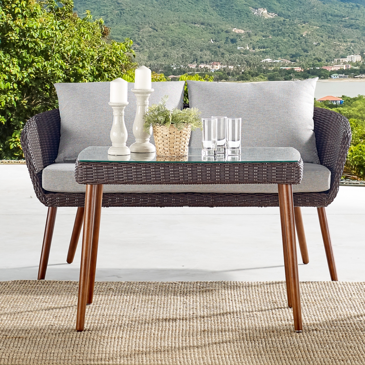 Picture of Alaterre AWWB02BB Athens All-Weather Wicker Two-Seat Outdoor Brown Bench with Light Gray Cushions
