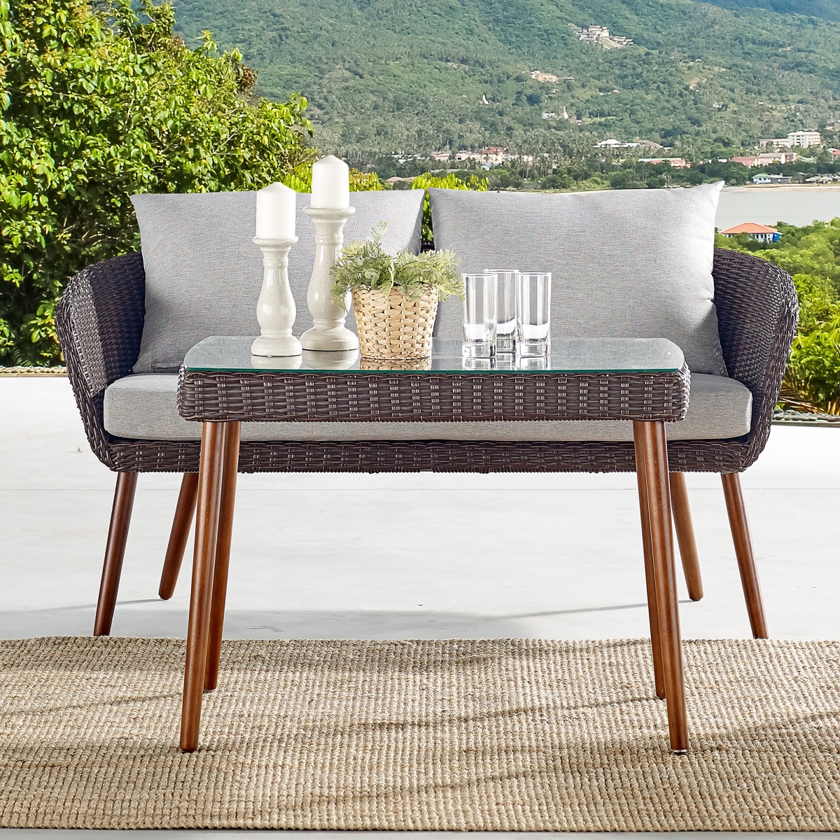 Picture of Alaterre AWWB04BB 26 in. Athens All-Weather Wicker Outdoor Cocktail Table with Glass Top
