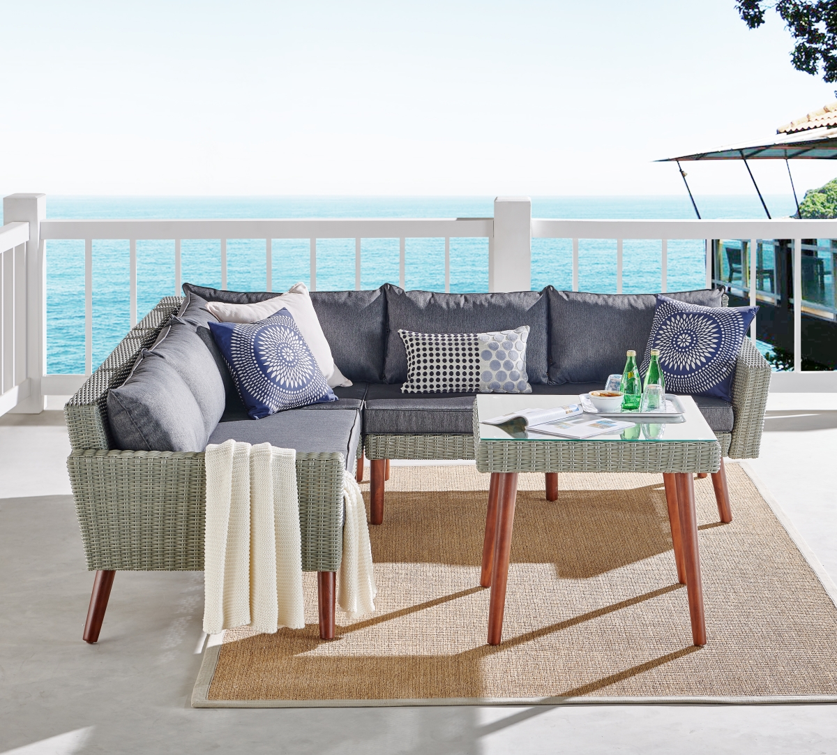 Picture of Alaterre AWWD012205DD 26 in. Albany All-Weather Wicker Outdoor Gray Corner Sectional Sofa with Square Cocktail Table Set