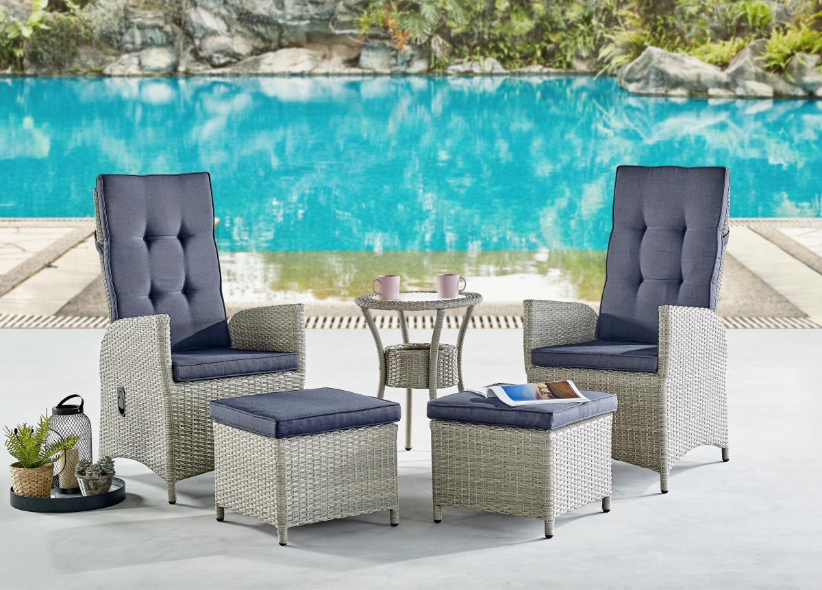 Picture of Alaterre AWWE0102EE Haven All-Weather Wicker Outdoor Recliners with Two Ottomans & Round Glass Top Accent Table - Set of 2