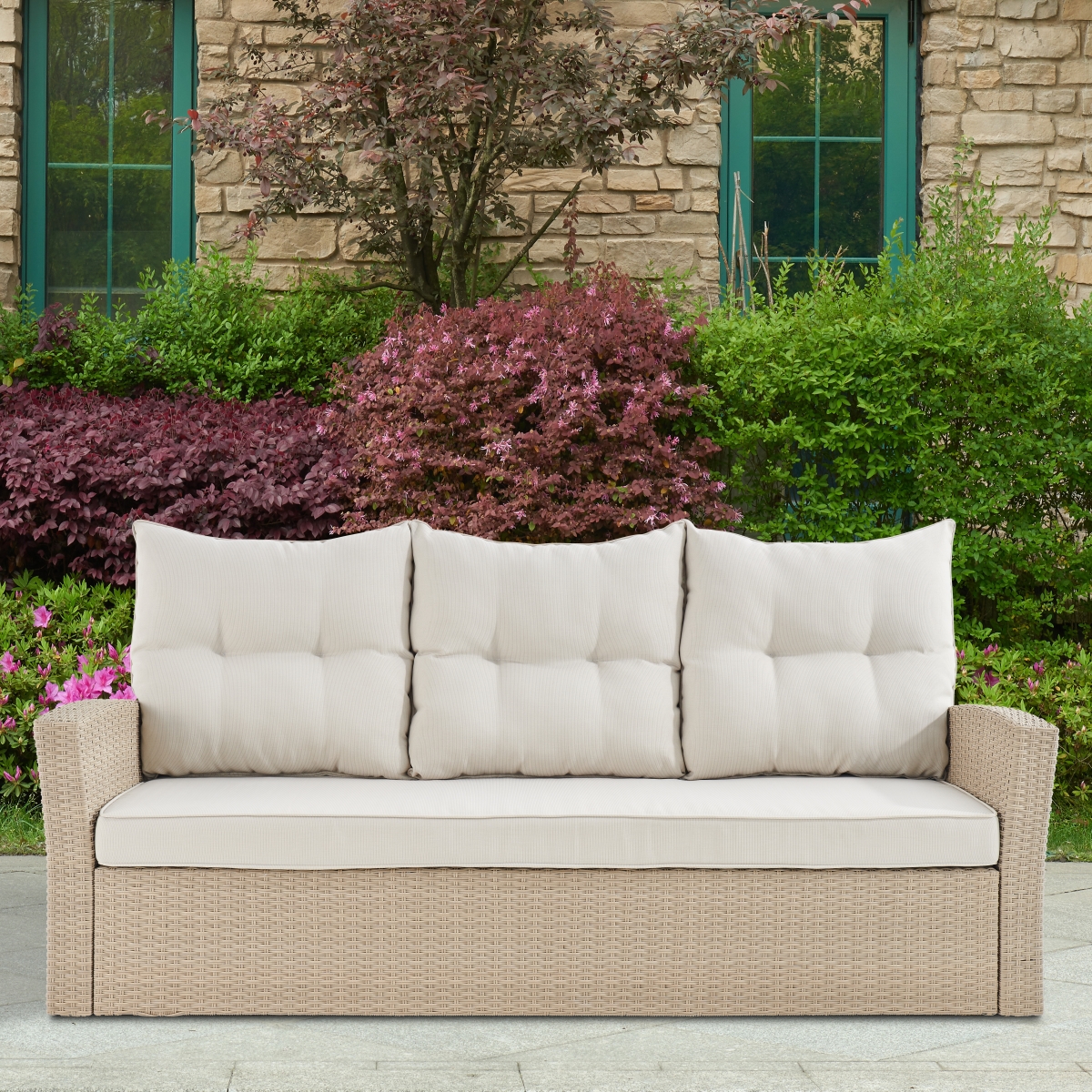 Picture of Alaterre AWWC0445CC Canaan All-Weather Wicker Outdoor Sofa with Cushions - Cream