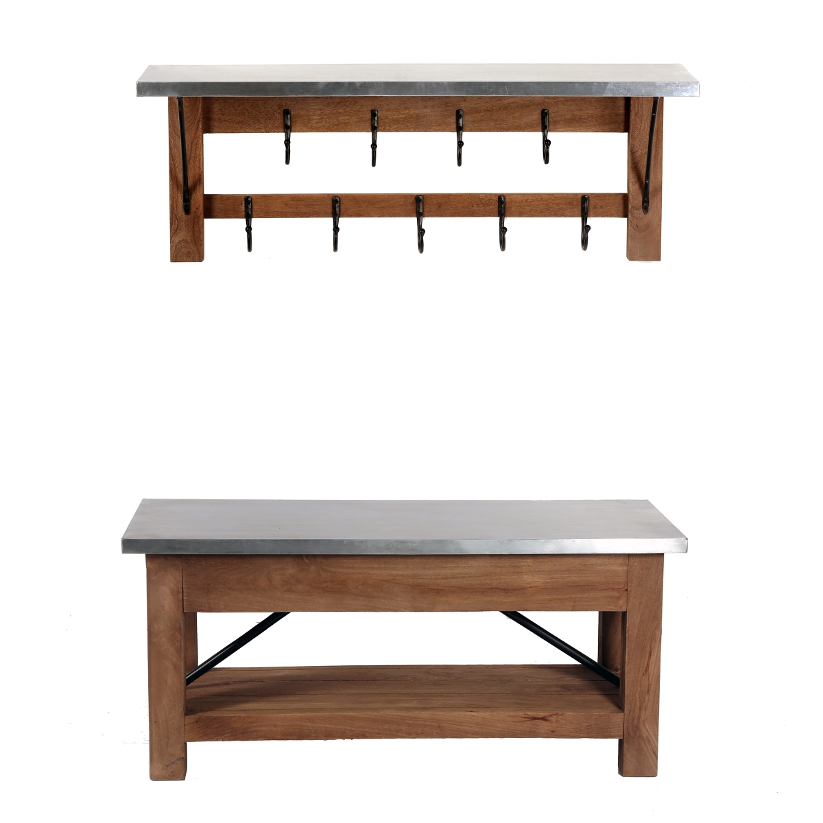 Picture of Alaterre AWMW042971Z 40 in. Millwork Wood & Zinc Metal Bench with Open Coat Hook Shelf&#44; Light Amber & Brown