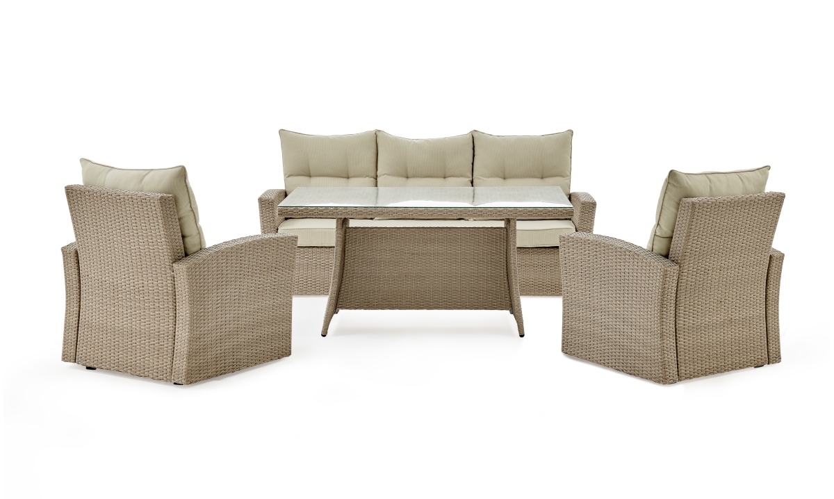 Picture of Alaterre AWWC024457CC Canaan All-Weather Wicker Outdoor Deep-Seat Dining Set with Sofa&#44; Two Arm Chairs & High Cocktail Table - Cream