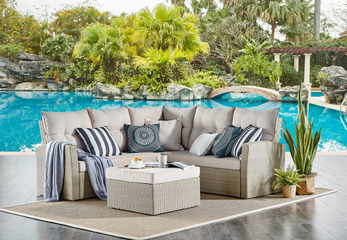 Picture of Alaterre AWWC013359CC Canaan All-Weather Wicker Outdoor Seating Set with Double Loveseat with Large Ottoman - Gray