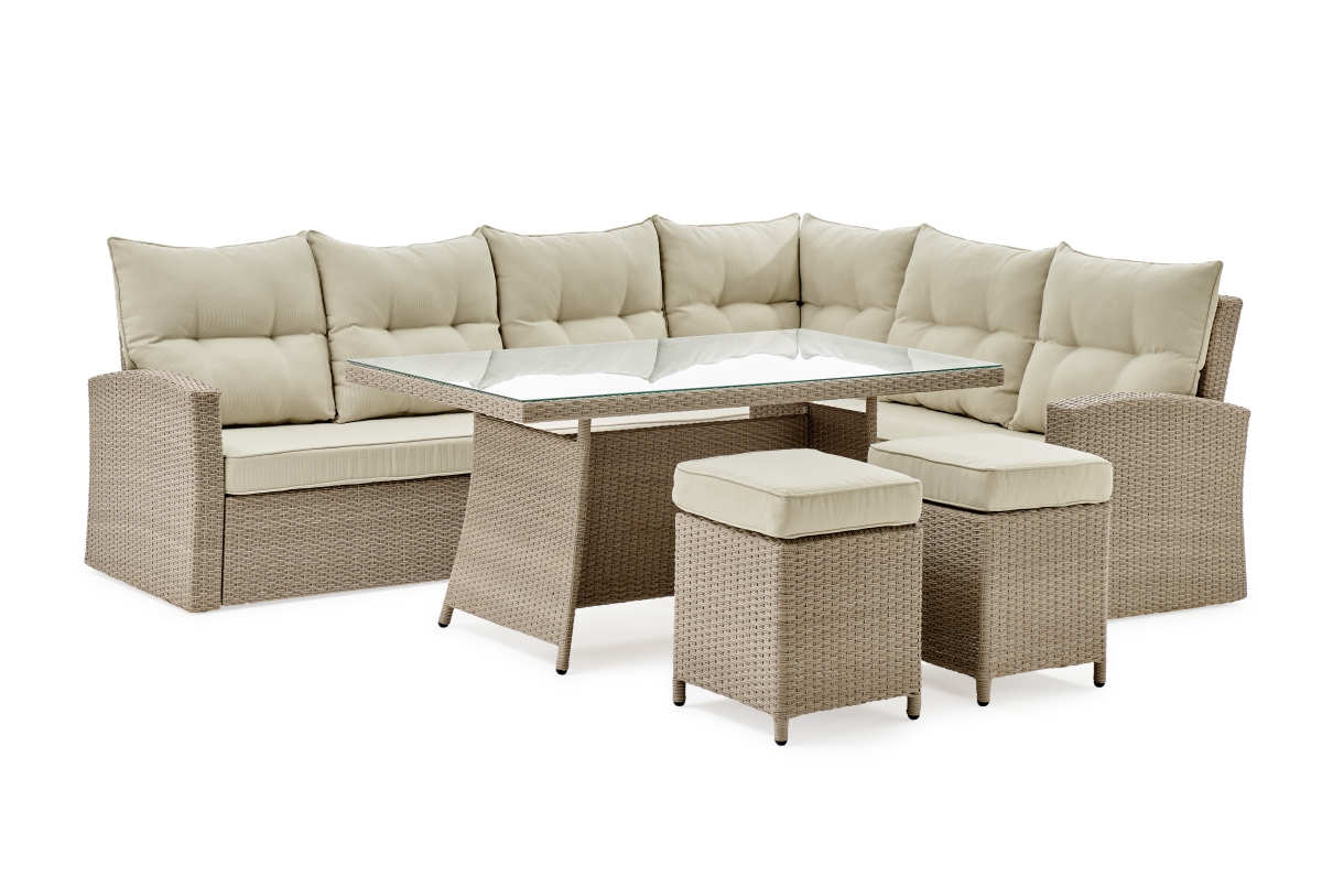 Picture of Alaterre AWWC01344578CC 26 in. Canaan All-Weather Wicker Outdoor Deep-Seat Dining Sectional Set with Sofa&#44; Loveseat&#44; Cocktail Table & Two Stools - Cream