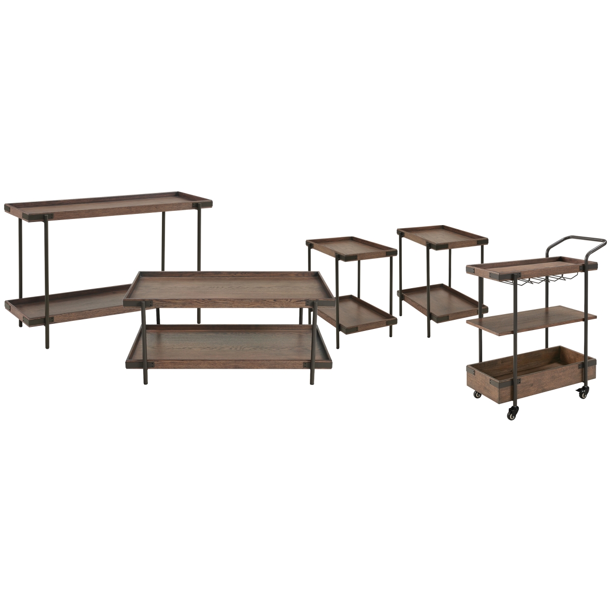 Picture of Alaterre ANKY011101162RBG 42 in. Kyra Oak & Metal Living Room Set with Coffee & Two Side Table&#44; Sofa&#44; TV Console & Bar Cart - 5 Piece