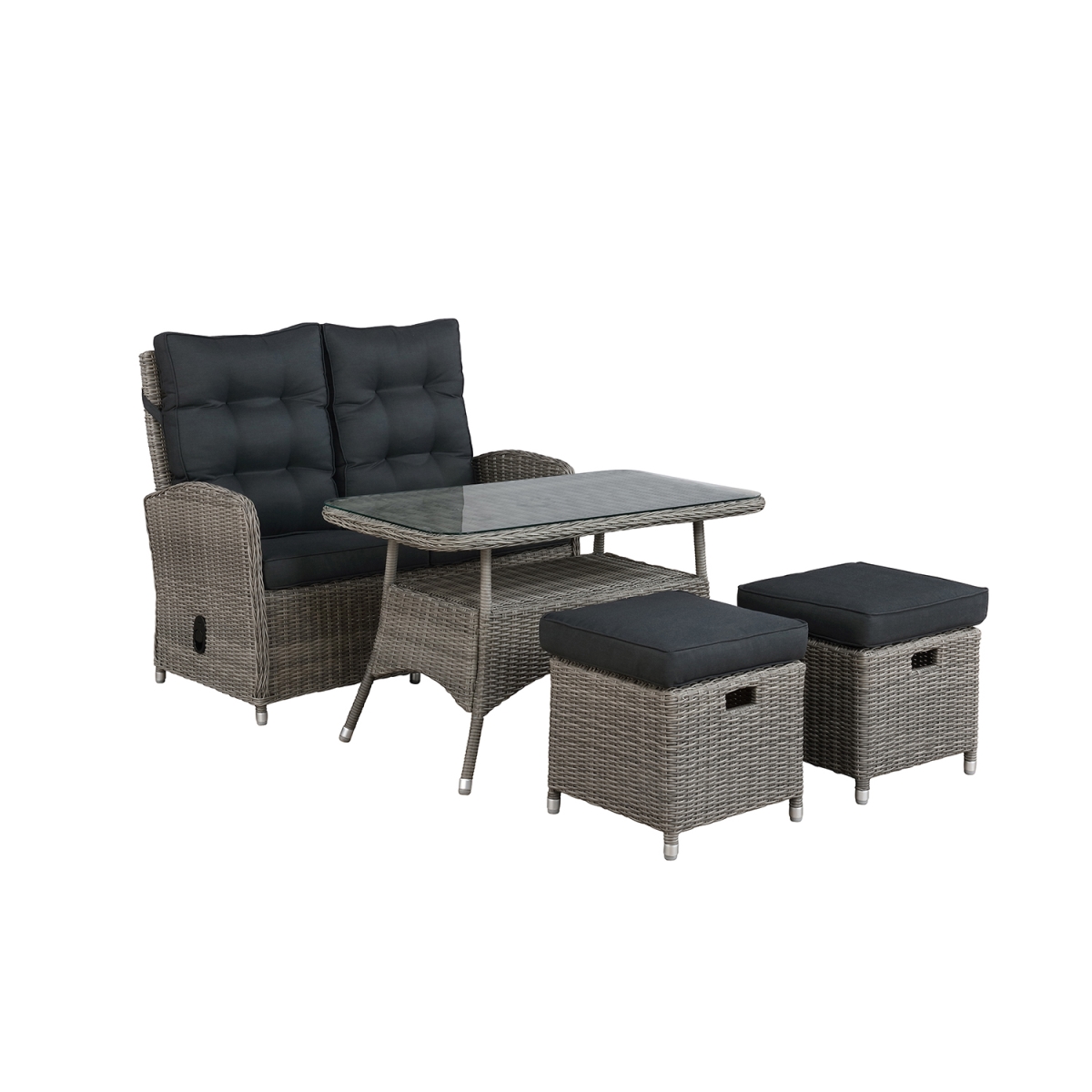 Picture of Alaterre AWWH0234HH 26 in. Monaco All-Weather Set with Two-Seat Reclining Bench&#44; Cocktail Table & Two Ottomans&#44; Gray - 4 Piece