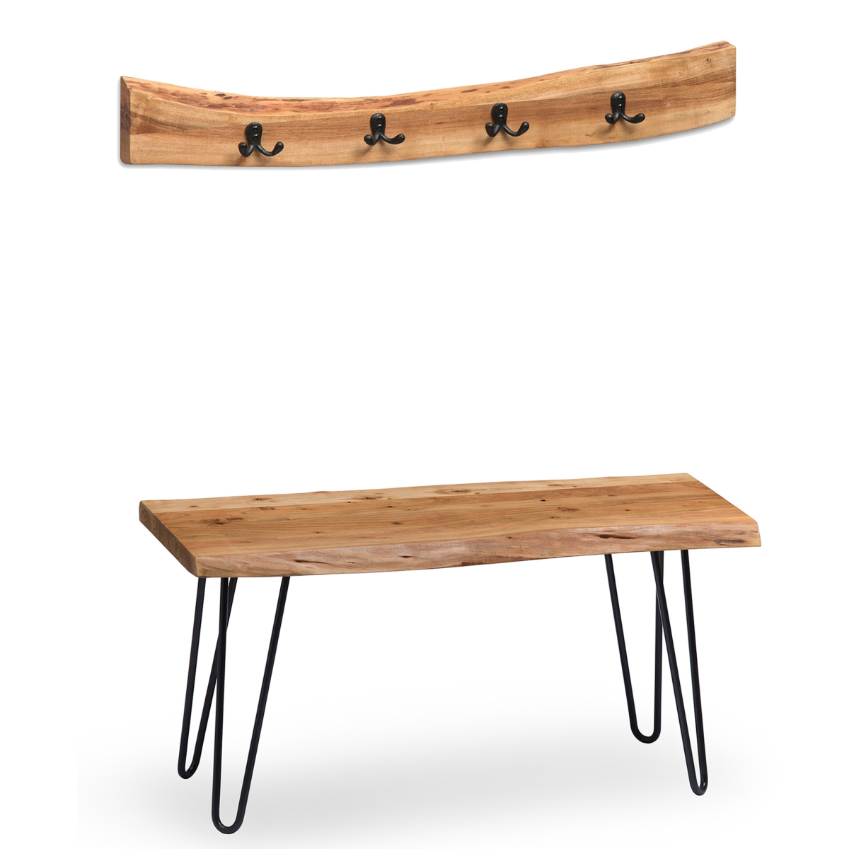 Picture of Alaterre AWDD032320 36 in. Hairpin Natural Live Edge Bench with Coat Hook Set