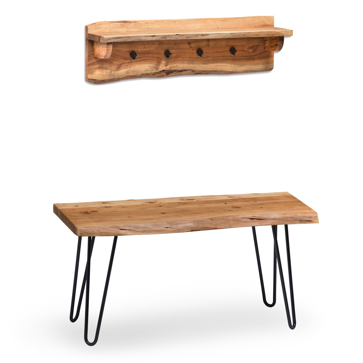 Picture of Alaterre AWDD033320 36 in. Hairpin Natural Live Edge Bench with Coat Hook Shelf Set