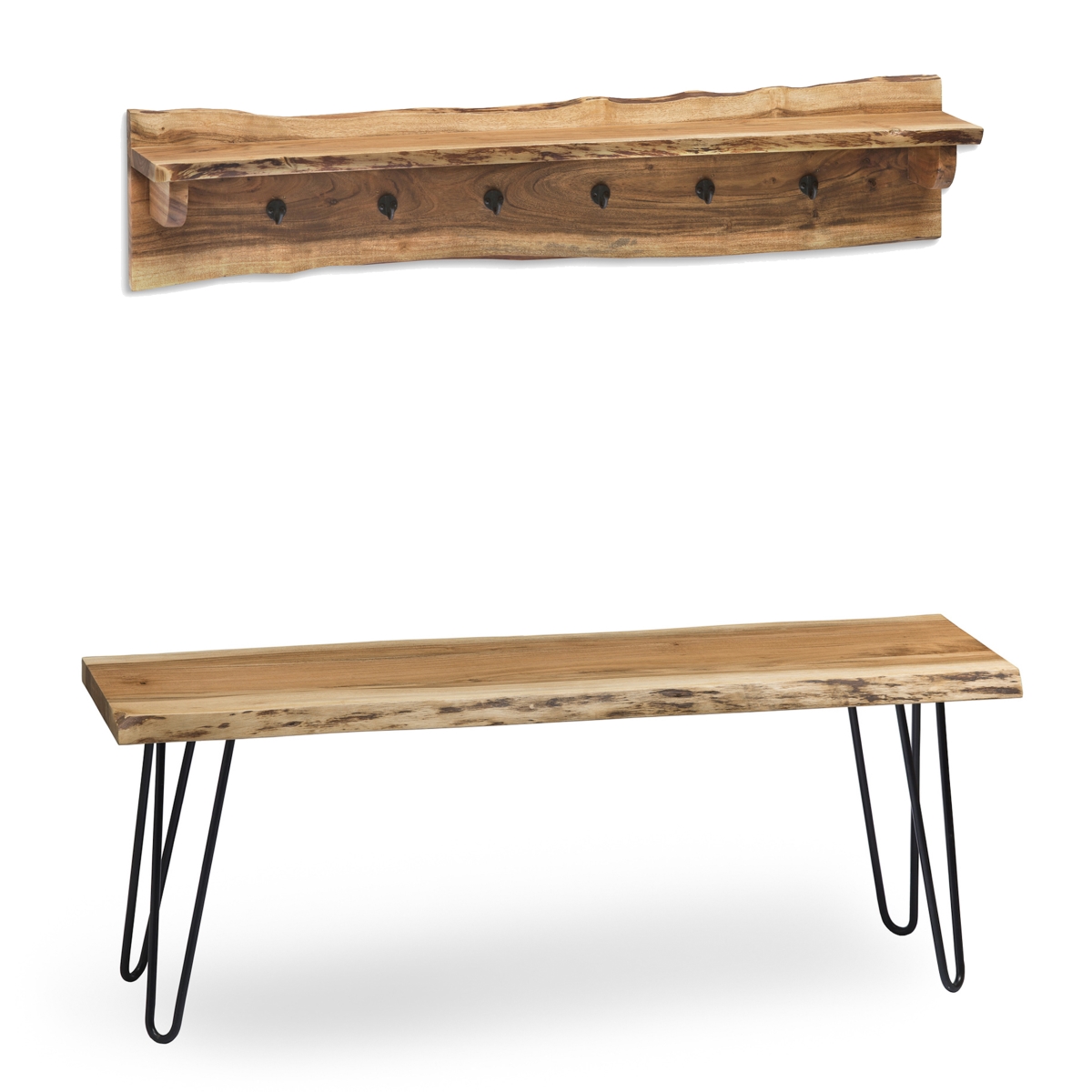 Picture of Alaterre AWDD043420 48 in. Hairpin Natural Live Edge Bench with Coat Hook Shelf Set