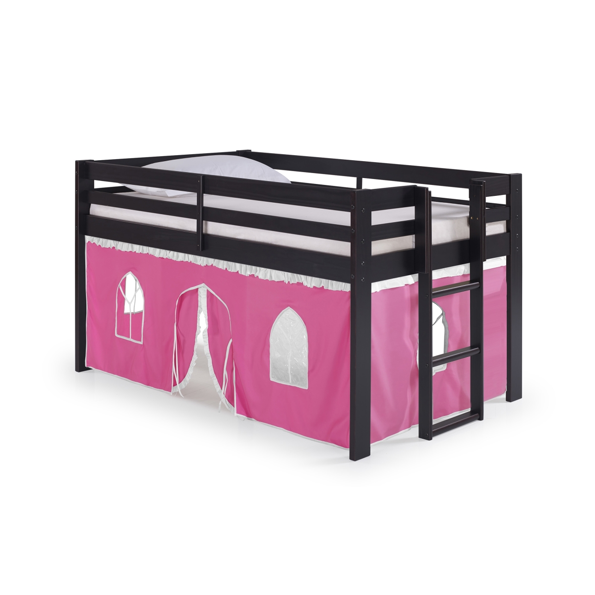 Picture of Alaterre AJJP00P0ATPWH Jasper Twin Junior Loft Bed&#44; Espresso Frame&#44; Pink & White Bottom Playhouse Tent