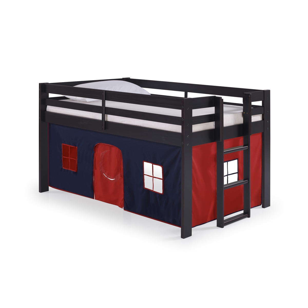 Picture of Alaterre AJJP00P0ATBRE Jasper Twin Junior Loft Bed&#44; Espresso Frame&#44; Blue & Red Playhouse Tent