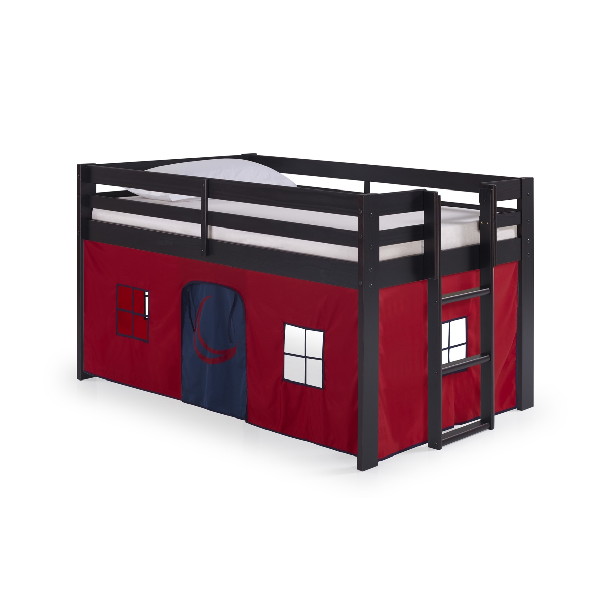 Picture of Alaterre AJJP00P0ATRBL Jasper Twin Junior Loft Bed&#44; Espresso Frame&#44; Red & Blue Bottom Playhouse Tent
