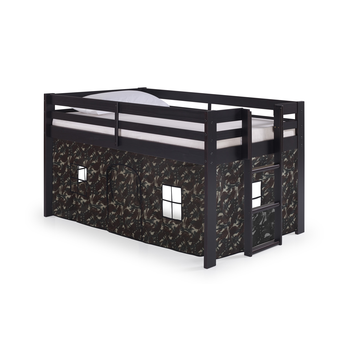 Picture of Alaterre AJJP00P0ATCGN Jasper Twin Junior Loft Bed&#44; Espresso Frame & Green Camouflage Bottom Playhouse Tent