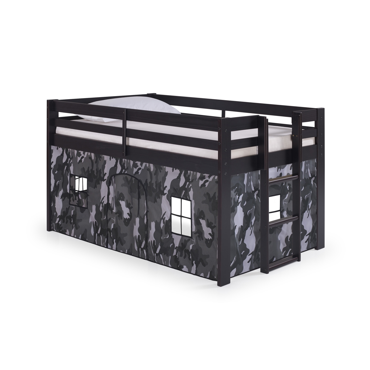 Picture of Alaterre AJJP00P0ATCGY Jasper Twin Junior Loft Bed&#44; Espresso Frame & Gray Camouflage Bottom Playhouse Tent
