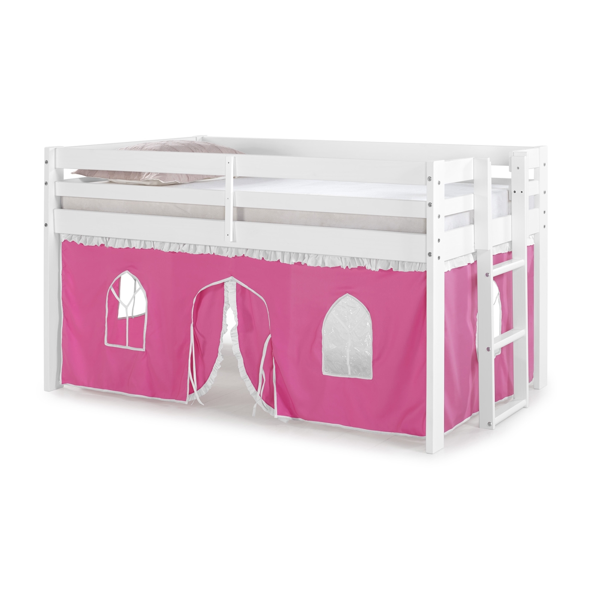 Picture of Alaterre AJJP00WHATPWH Jasper Twin Junior Loft Bed&#44; White Frame & Pink & White Bottom Playhouse Tent