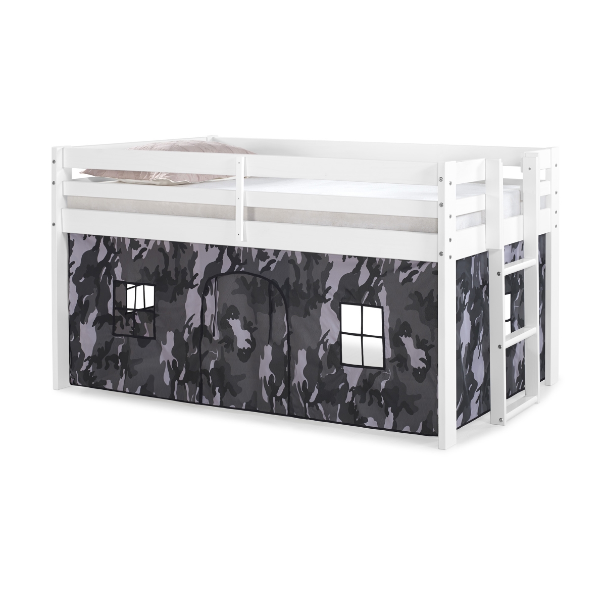 Picture of Alaterre AJJP00WHATCGY Jasper Twin Junior Loft Bed&#44; White Frame & Gray Camouflage Print Bottom Playhouse Tent
