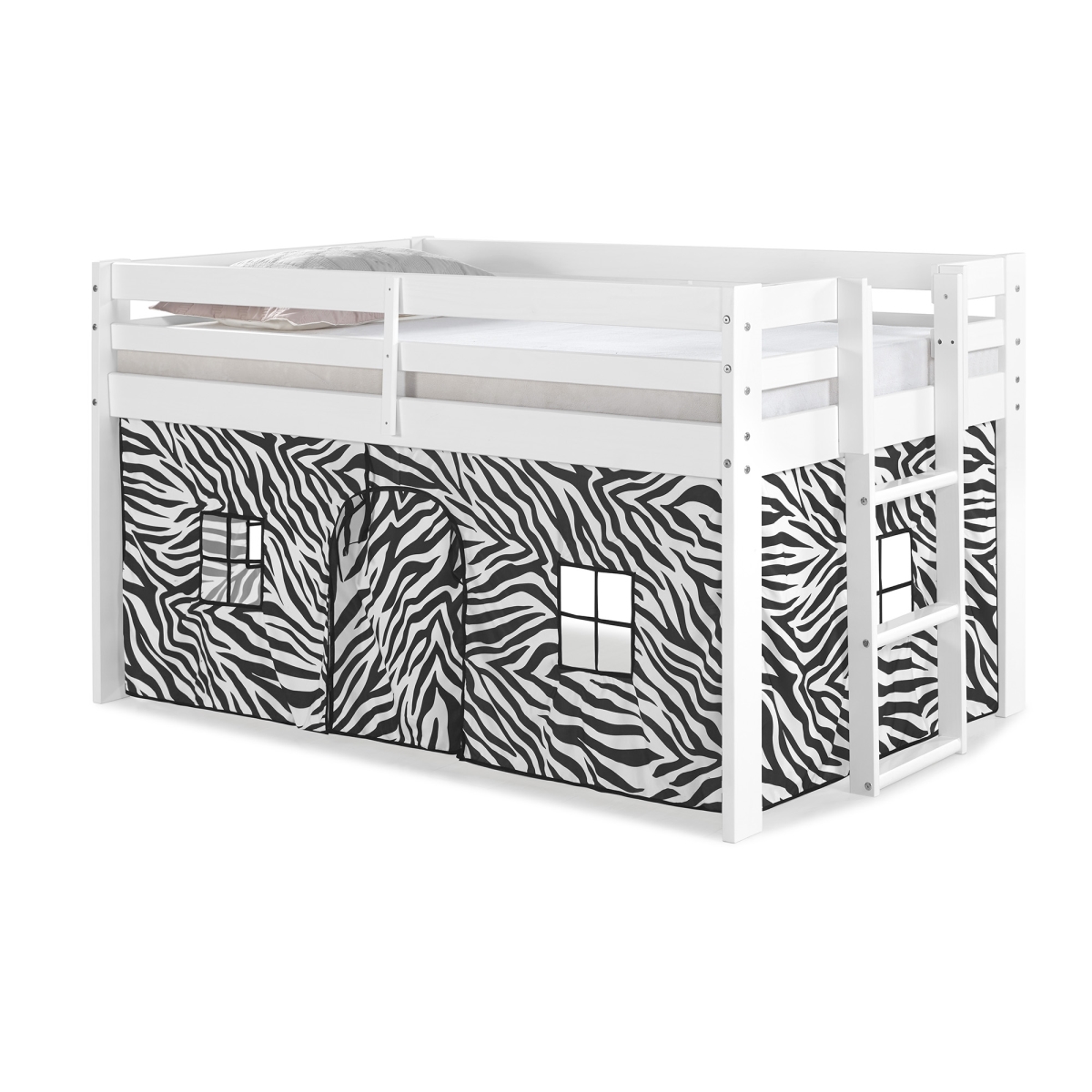 Picture of Alaterre AJJP00WHATZEB Jasper Twin Junior Loft Bed&#44; White Frame&#44; Black & White Zebra Print Bottom Playhouse Tent