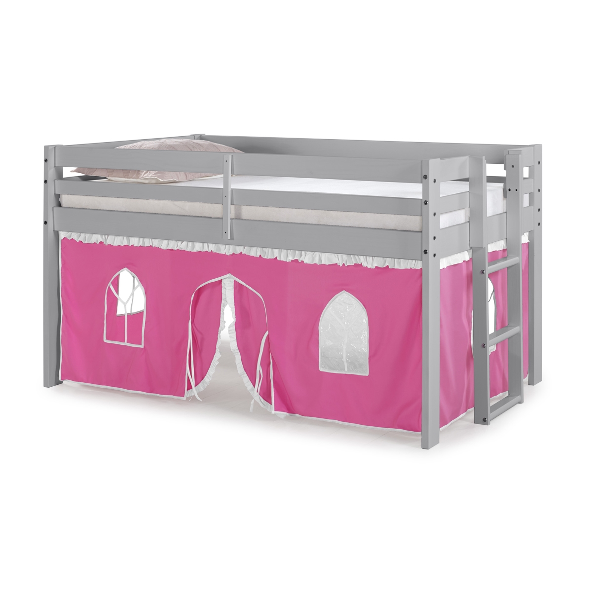 Picture of Alaterre AJJP0080ATPWH Jasper Twin Junior Loft Bed&#44; Dove Gray Frame & Pink & White Bottom Playhouse Tent