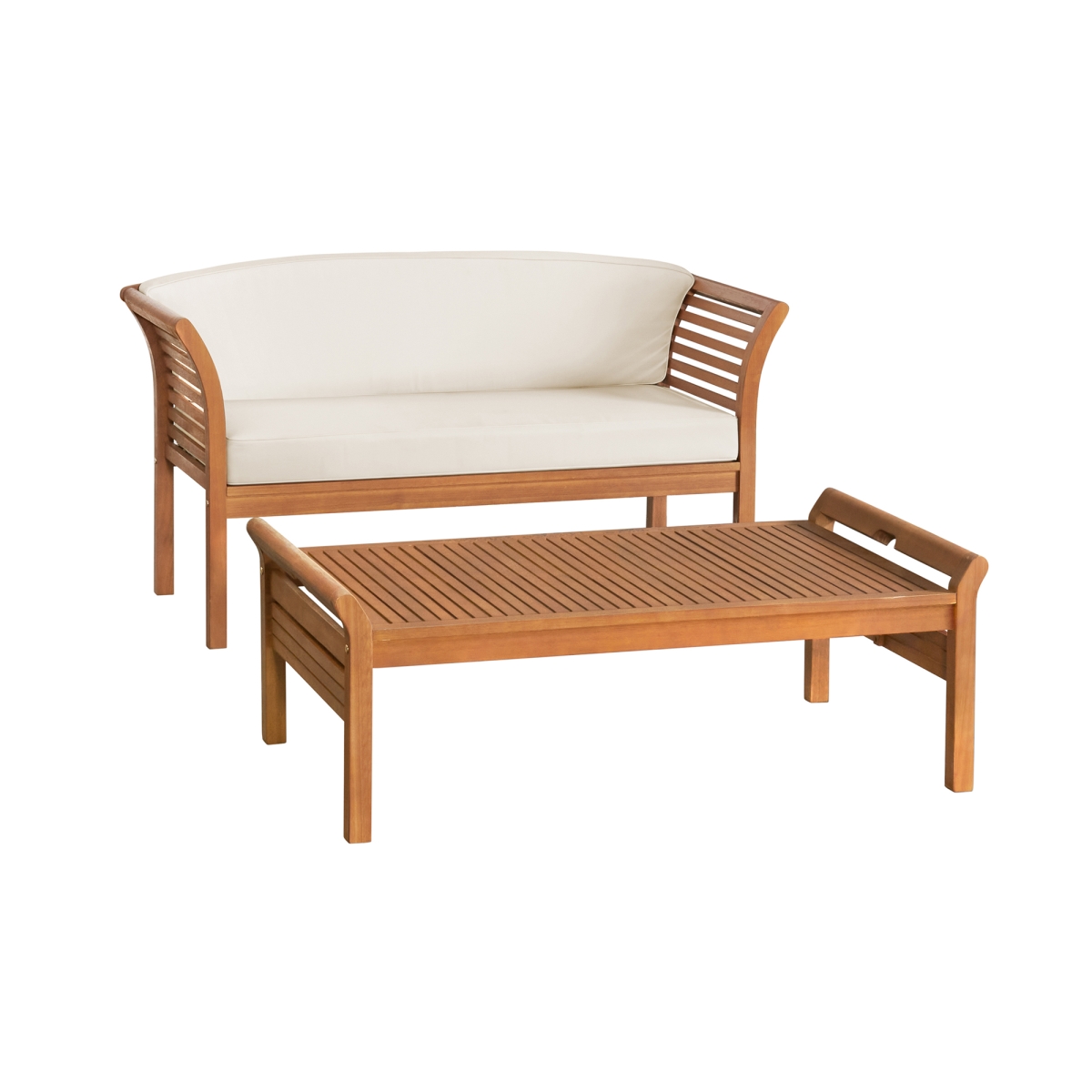 Picture of Alaterre ANSF023EBO Stamford Eucalyptus Wood Outdoor Bench with Coffee Table - Set of 2