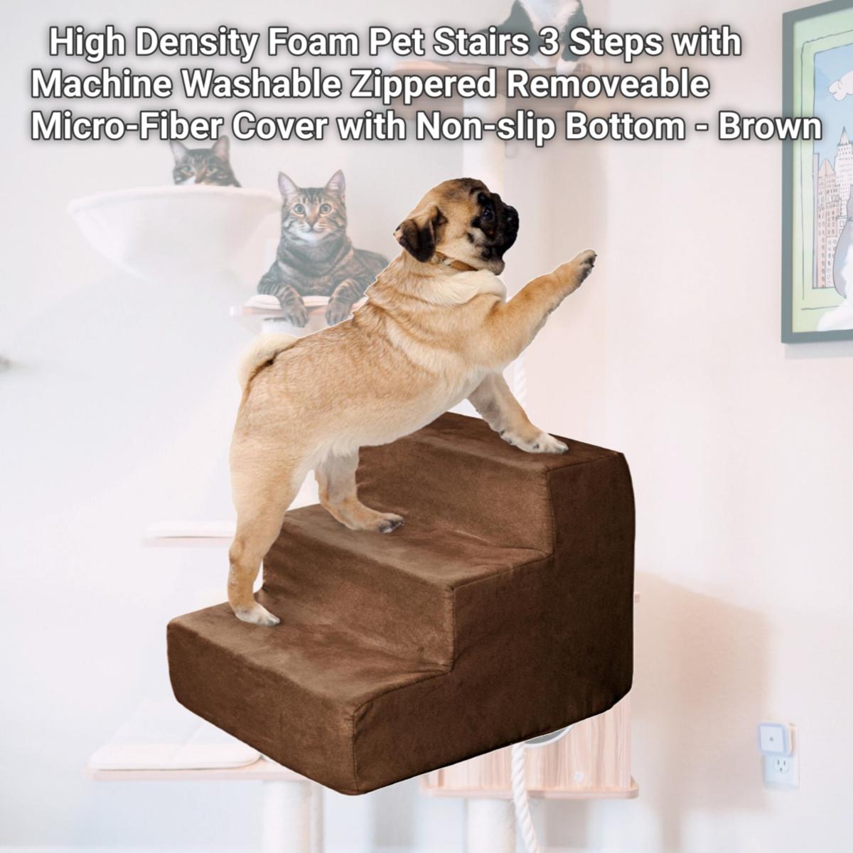 Picture of Petmaker 80-PET6012 High Density Foam Pet Stairs 3 Steps with Machine Washable Zippered Removeable Micro-Fiber Cover with Non-slip Bottom - Brown