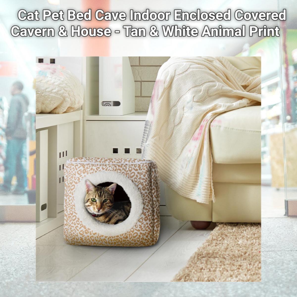 Picture of Petmaker 80-PET6021 Cat Pet Bed Cave Indoor Enclosed Covered Cavern & House - Tan & White Animal Print