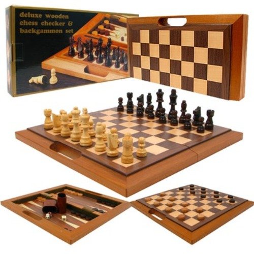 Picture of Trademark Global 12-2157 Deluxe Wooden Chess&#44; Checker & Backgammon Set&#44; Brown