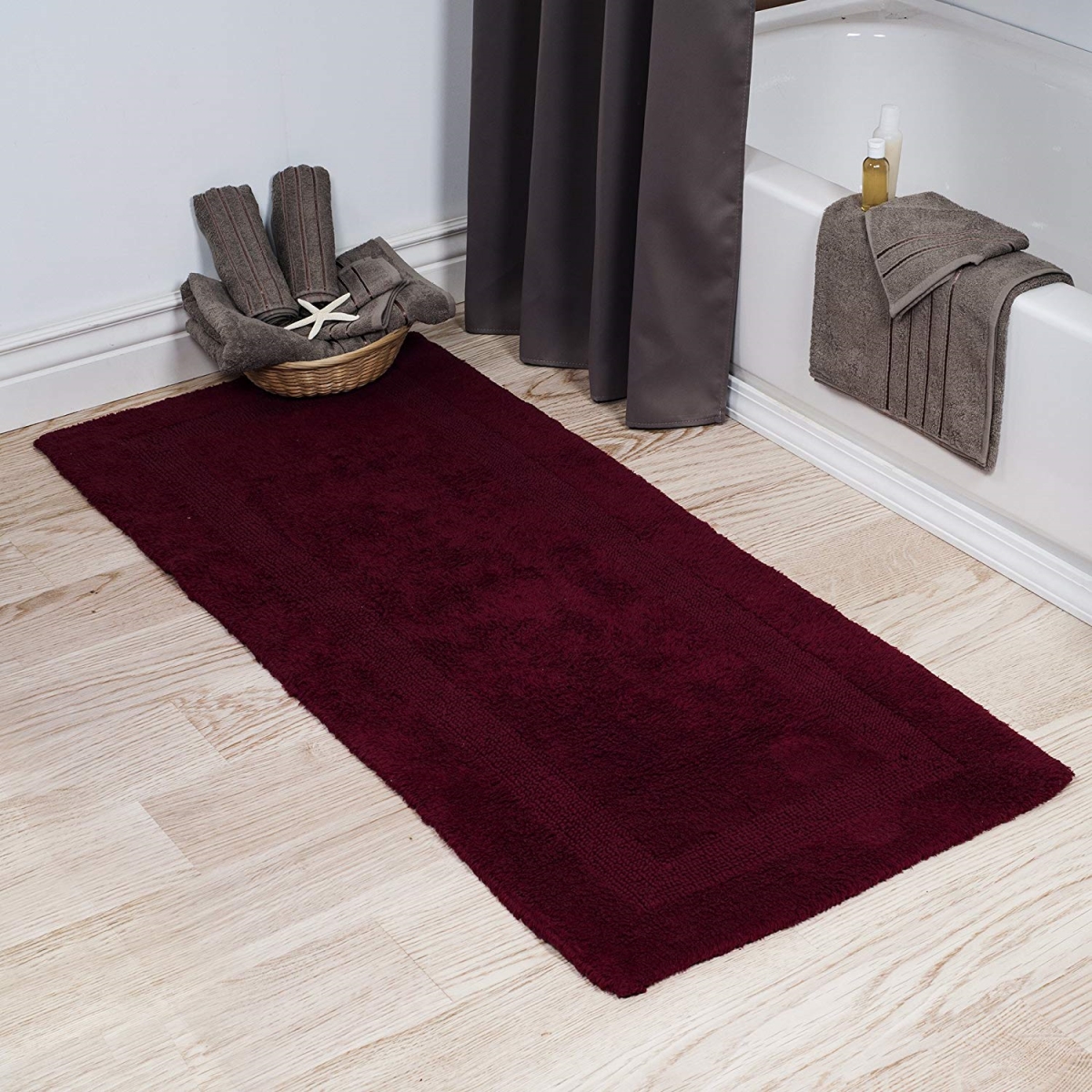 Picture of Bedford Home 67A-01608 100 Percent Cotton Reversible Long Bath Rug - Burgundy - 24 x 60 in.