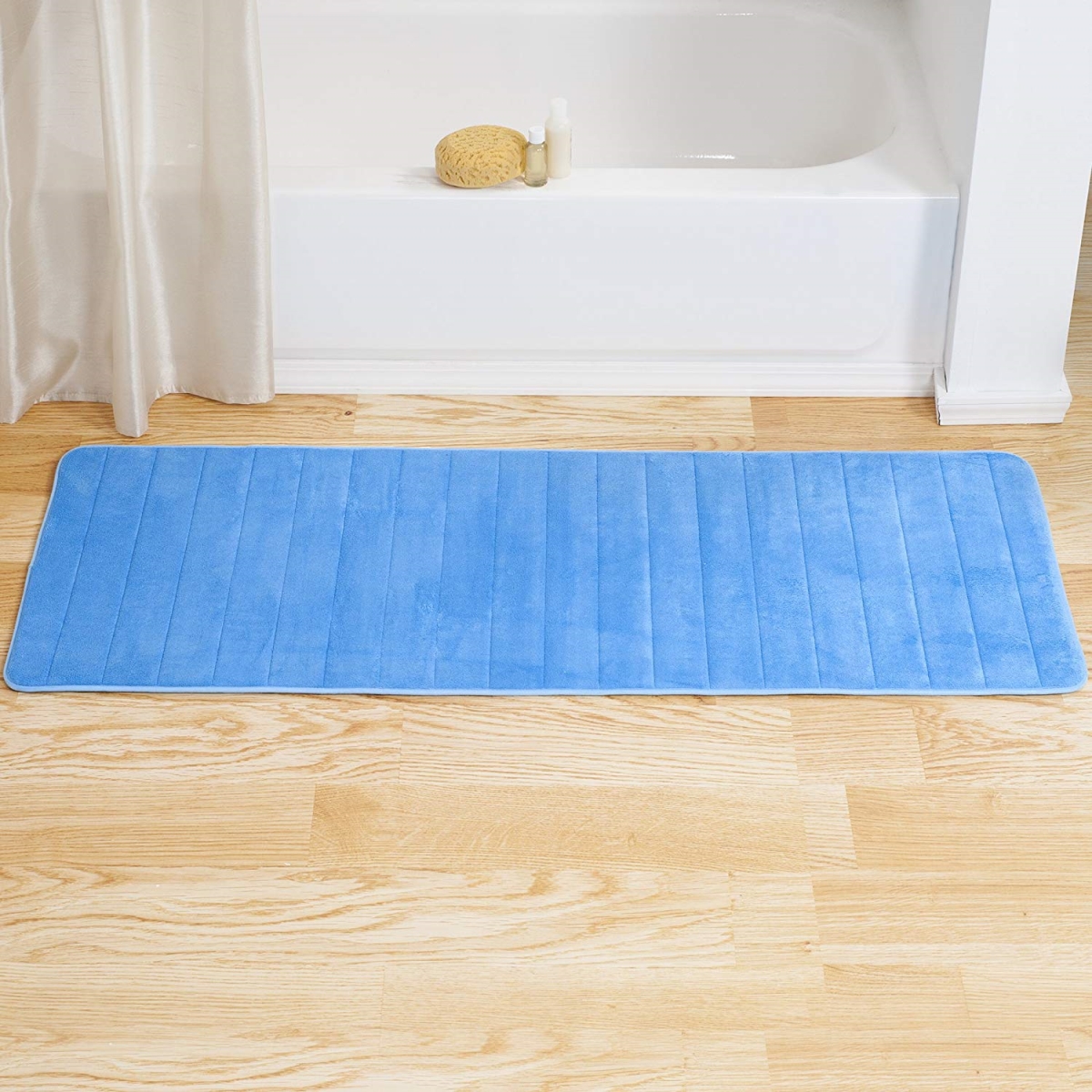 Picture of Bedford Home 67A-77293 Memory Foam Striped Extra Long Bath Mat&#44; 24 by 60 in. - Blue