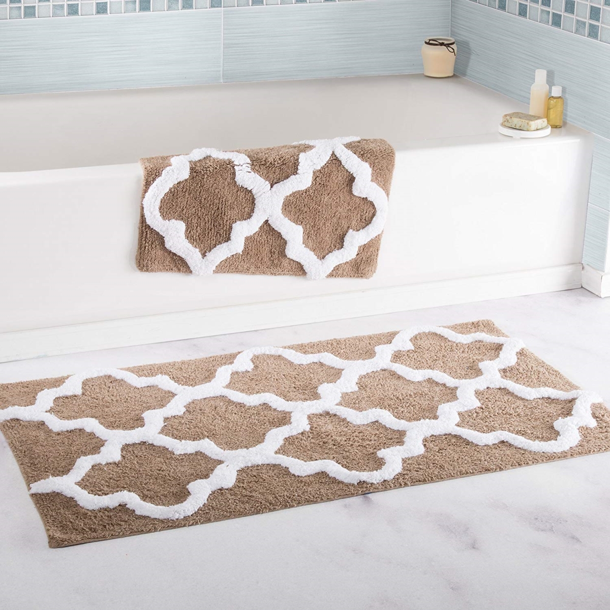 Picture of Bedford Home 67A-78447 100 Percent Cotton 2 Piece Trellis Bathroom Mat Set - Taupe