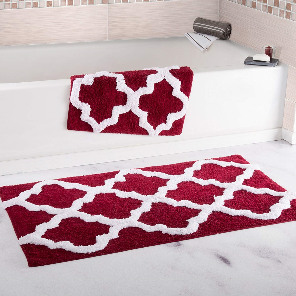 Picture of Bedford Home 67A-78485 100 Percent Cotton 2 Piece Trellis Bathroom Mat Set - Burgundy