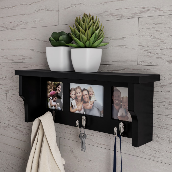 Lavish Home 80-WALLP-3 Wall Shelf & Picture Collage with Ledge & 3 Hanging Hooks - Black