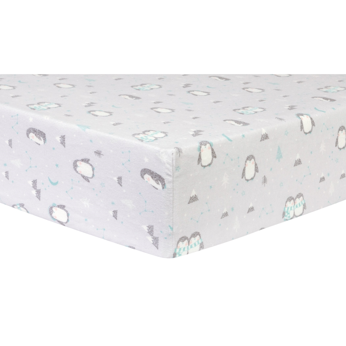 Trend-Lab 103627 Penguin Pals Deluxe Flannel Fitted Crib Sheet, Gray, Aqua & White