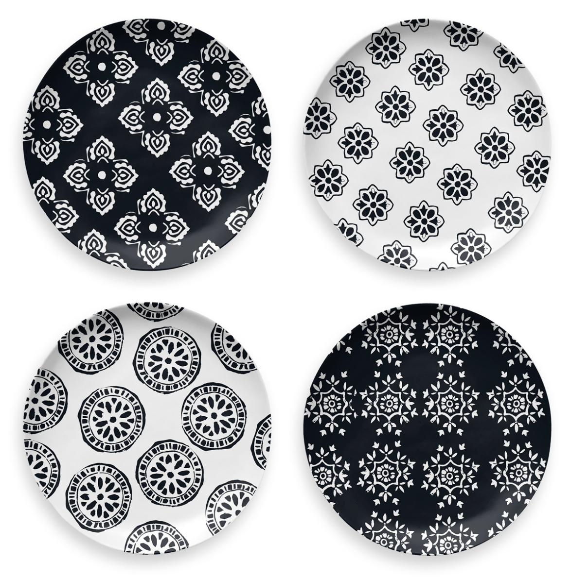 Picture of TarHong TT20744374 8.5 in. Black Bamboo Medallion Assorted Salad Plate, Planta & Majority Plant Based Melamine - Set of 4