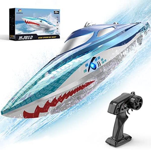NC21701 20 Plus MPH 2.4GHz DEERC Full Proportional Remote Control Boat with Shark Graffiti, High Speed Radio Control Boats & LED Lights