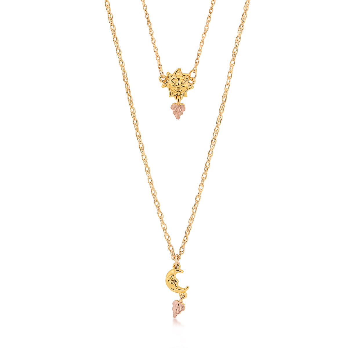 Picture of Landstroms Original Black Hills Gold G LNE4036 Black Hills Gold 10K Gold Sun & Moon Layered Necklace with 12K Rose Gold Dangling Leaves