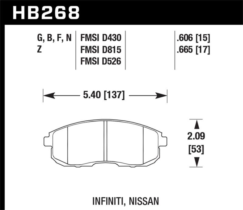 Hawk Performance HB268N.665 Street Front Brake Pads for 2003-2004 G35, 2003-2005 G35X & 2002-2005 350Z without Brembo HP Plus