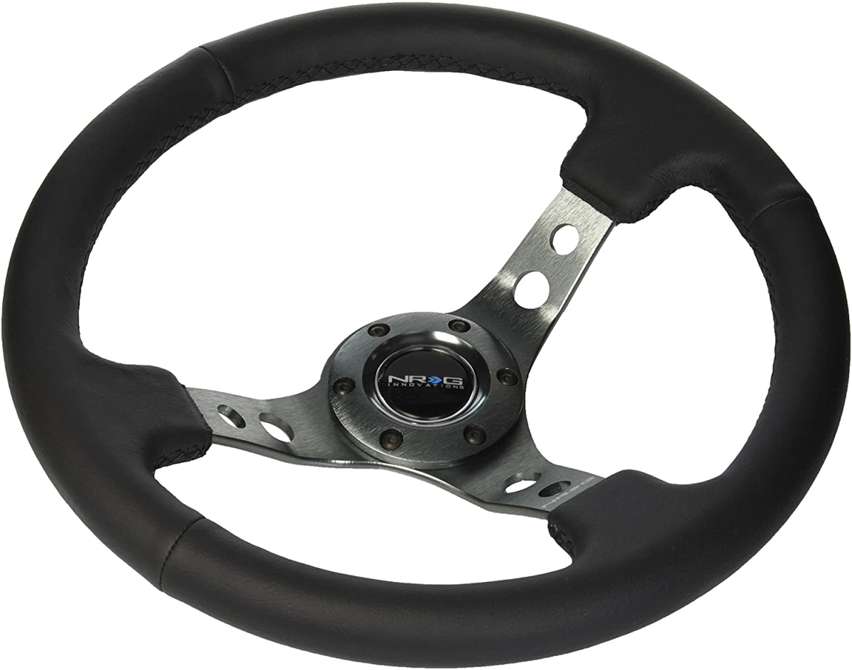 Picture of NRG RST-006GM 350 mm 3 in. Reinforced Steering Leather Wheel with Gunmetal Circle Cutout Spokes&#44; Black