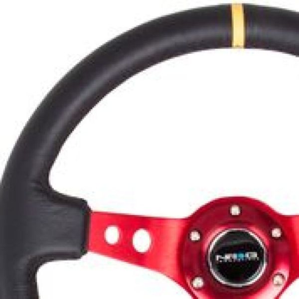 RST-006RD-Y 350 mm & 3 in. Deep Reinforced Steering Wheel, Black Leather with Red Spokes & SGL Yellow Center Mark