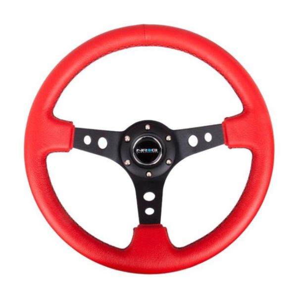 RST-006RR-BS-B 350 mm & 3 in. Deep Reinforced Steering Wheel, Red Leather & Black Stitch with Black Spokes