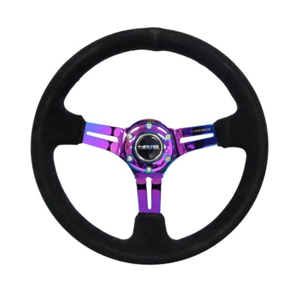 RST-018S-MCBS 350 mm & 3 in. Deep Reinforced Steering Wheel, Black Suede & Black Stitch with Neochrome Slits