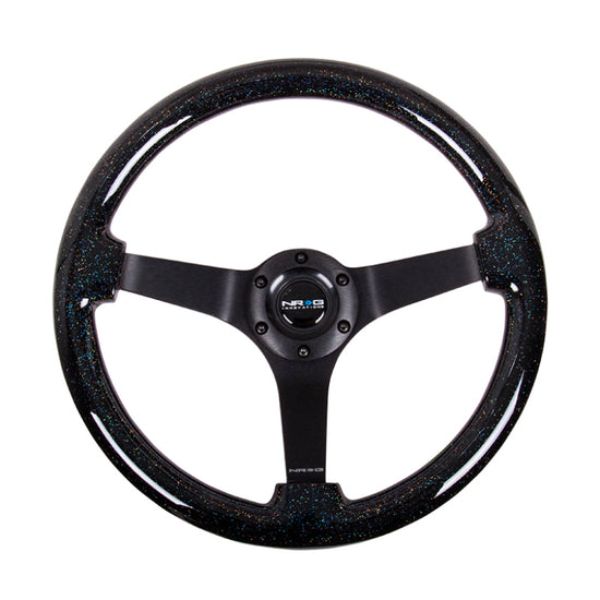 RST-036BSB-BK 350 mm & 3 in. Deep Reinforced Steering Wheel, Classic Black Sparkle Wood Grain with Black 3-Spoke Center