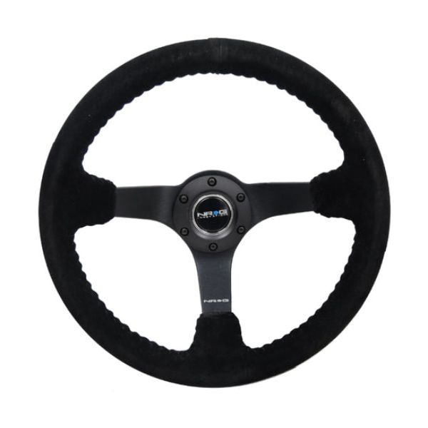 RST-036MB-S-BK 350 mm & 3 in. Deep Reinforced Steering Wheel, Black Suede & Black B-Ball Stitch with 5 mm Matte Black Spoke