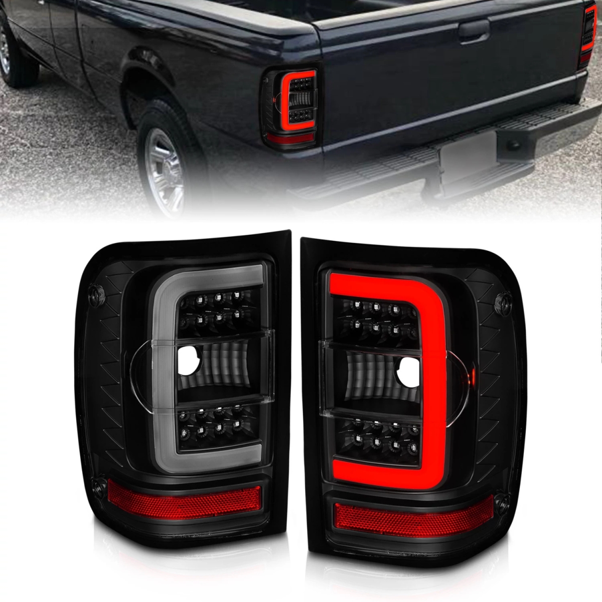 311391 Black Housing LED Taillights with Smoke Lens & Light Bar for 2001-11 Ford Ranger