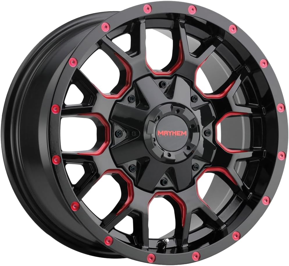 8015-7952BTR18 8015 Warrior 17 x 9 5 x 127 Bolt Pattern 18 mm Offset 87 mm Hub Black with Prism Red Wheel