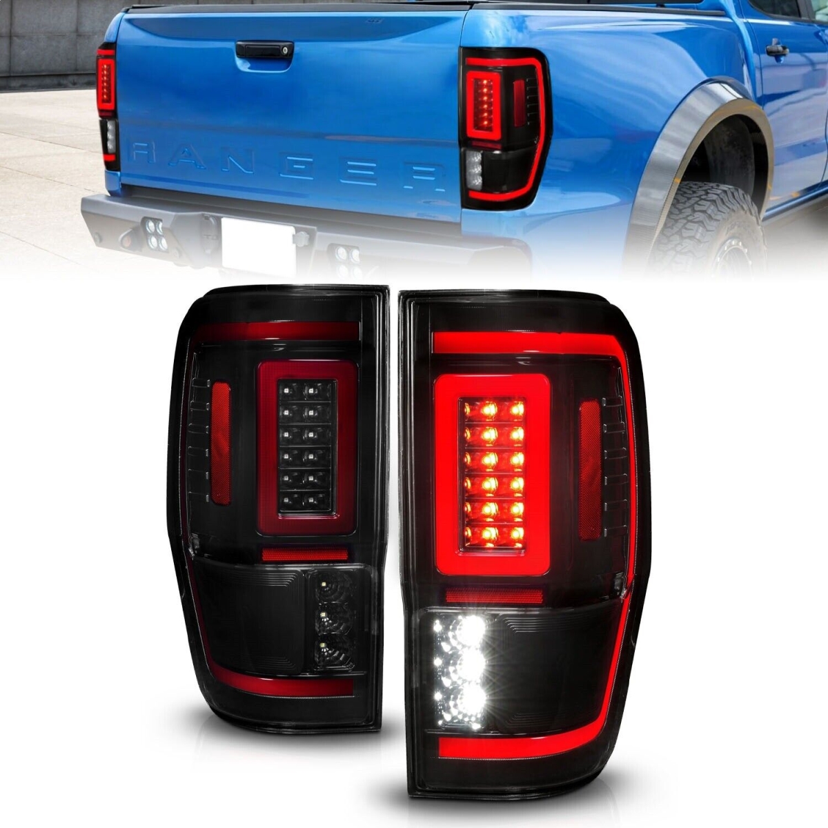 311447 Full LED Taillights with Lightbar Sequential Signal for 2019-2022 Ford Ranger, Black Housing & Smoke Lens