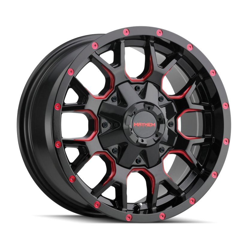 8015-7952BTR 17 x 9 in. 5x127 BP, -12 mm Offset & 87 mm Hub 8015 Warrior Black with Prism Red Wheel
