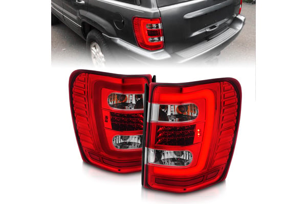 311396 1999-2004 Jeep Grand Cherokee LED Tail Lights with Light Bar Chrome Housing, Red & Clear Lens