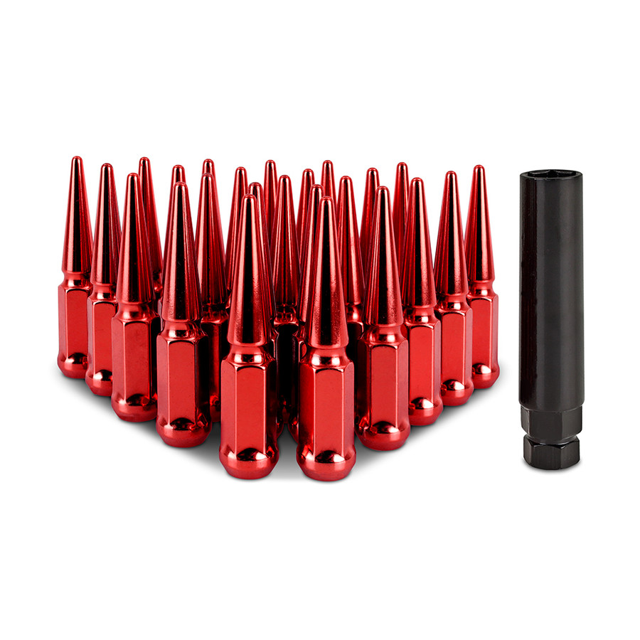 Steel Spiked Lug Nuts M12 x 1.5 Set, Red - 24 Piece