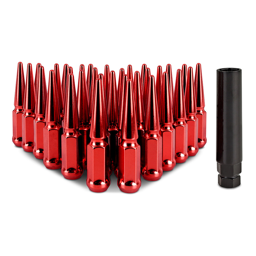 Steel Spiked Lug Nuts M14 x 1.5 Set, Red - 32 Piece